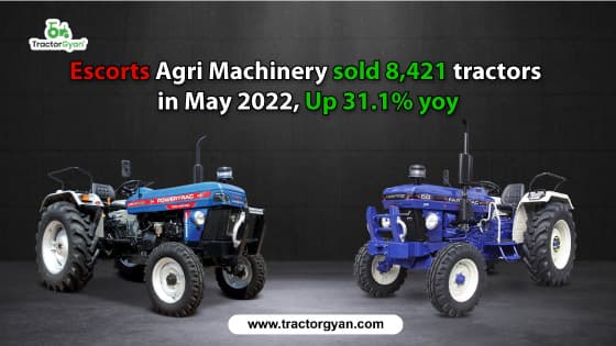 Escorts Agri Machinery sold 8,421tractors in May 2022, Up 31.1% yoy Escorts Agri Machinery sold 8,421tractors in May 2022, Up 31.1% yoy image